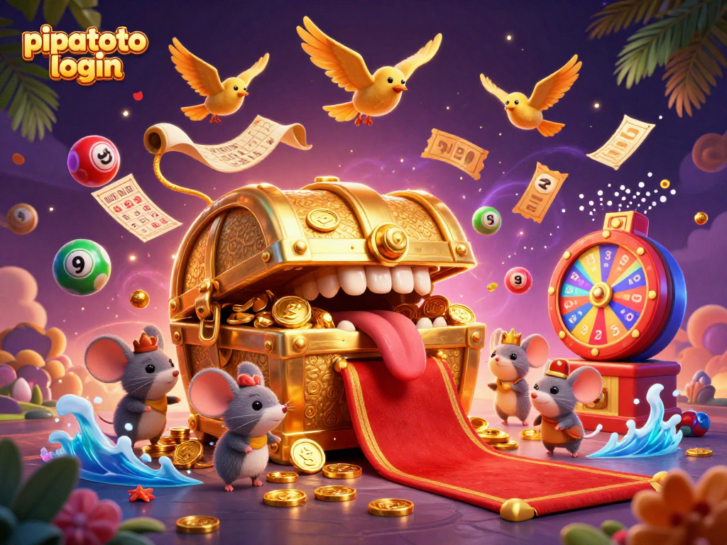 Pipatoto login to witness a captivating scene with a golden treasure chest, dynamic lottery elements, and vibrant casino visuals.