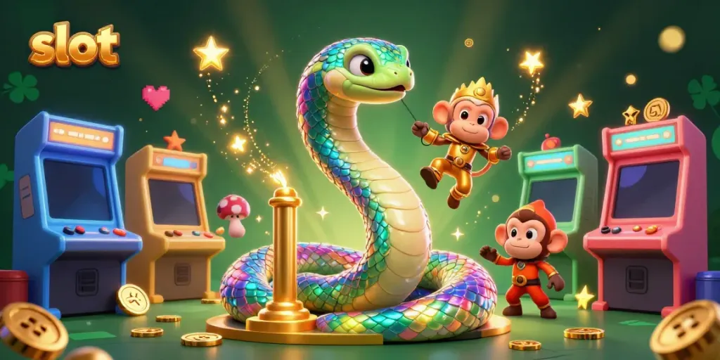 Experience the thrill of slot games with a vibrant 3D serpent and monkey in a magical casino atmosphere.