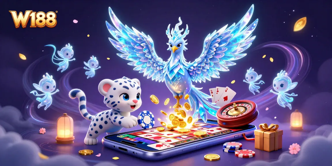 Engage in thrilling gaming at W188 with a vibrant 3D illustration featuring dynamic characters and casino elements.
