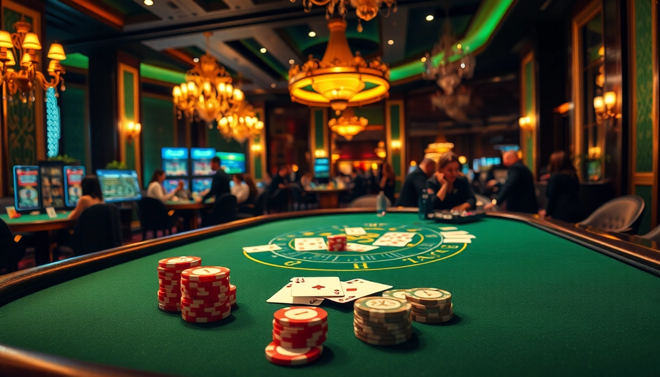 Engage in thrilling gameplay at a vibrant Blackjack Casino table with players and chips
