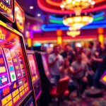 Menangkan Slot Game di mesin slot berwarna-warni dengan suasana kasino yang ceria.