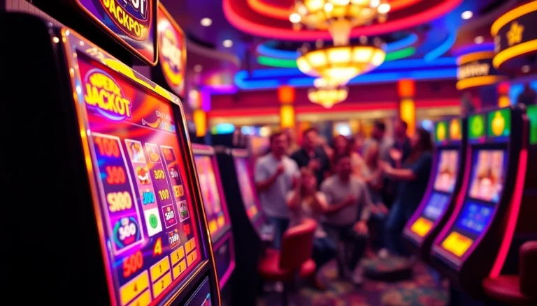 Menangkan Slot Game di mesin slot berwarna-warni dengan suasana kasino yang ceria.