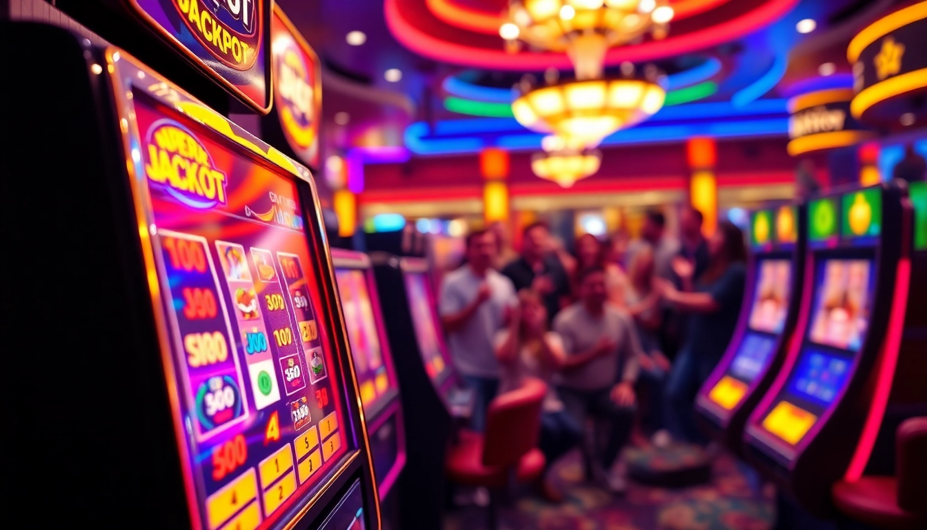 Menangkan Slot Game di mesin slot berwarna-warni dengan suasana kasino yang ceria.