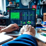 Engaging scene of sports betting analysis with a laptop surrounded by sports memorabilia.