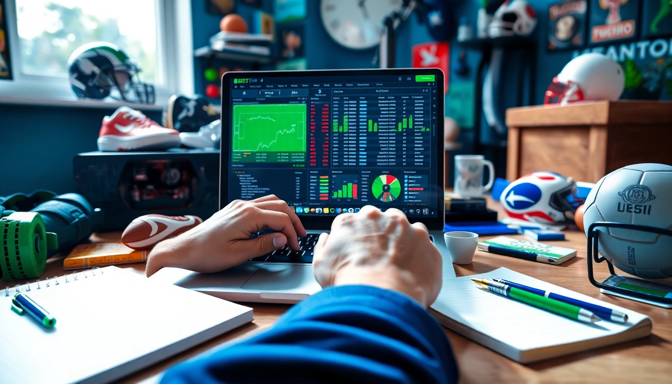 Engaging scene of sports betting analysis with a laptop surrounded by sports memorabilia.