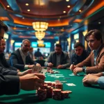 Engaged players in a high-stakes Poker Game at a vibrant casino table showcasing intense focus.