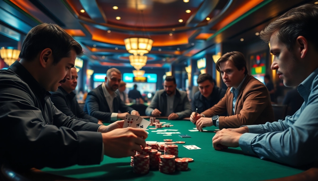 Engaged players in a high-stakes Poker Game at a vibrant casino table showcasing intense focus.