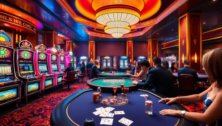 Bro138 players enjoying a thrilling slot gaming experience in a vibrant casino atmosphere.