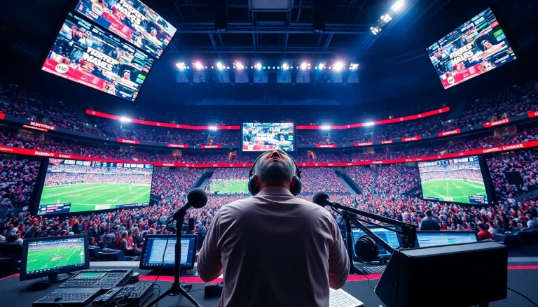 Announcer engaged in dynamic sports broadcasting, enhancing viewer engagement.