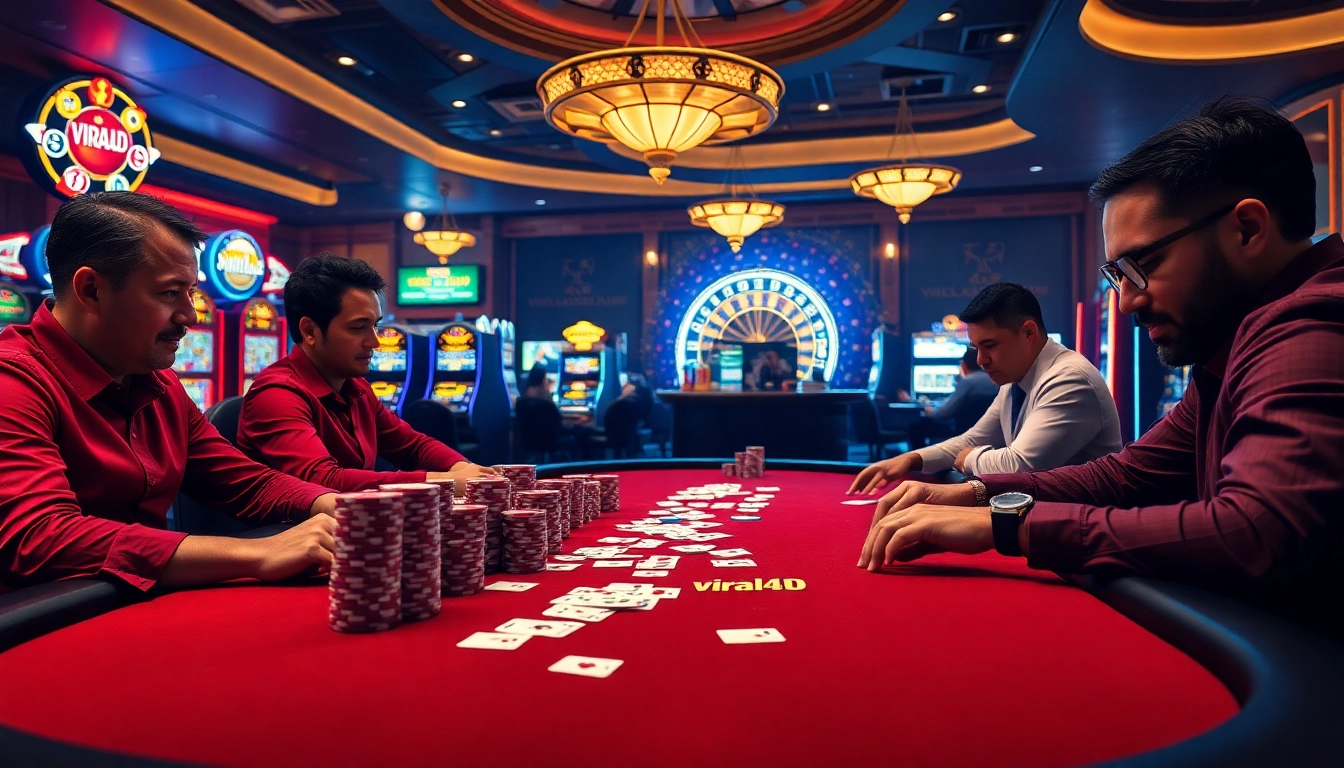 Players strategizing at a poker table with viral4d-themed cards amid a vibrant casino atmosphere.