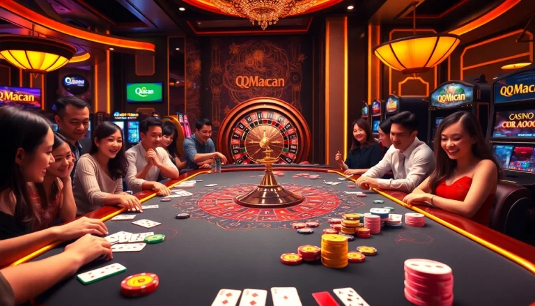 Experience thrilling gambling at QQMacan with exciting gaming tables, chips, and vibrant atmosphere.