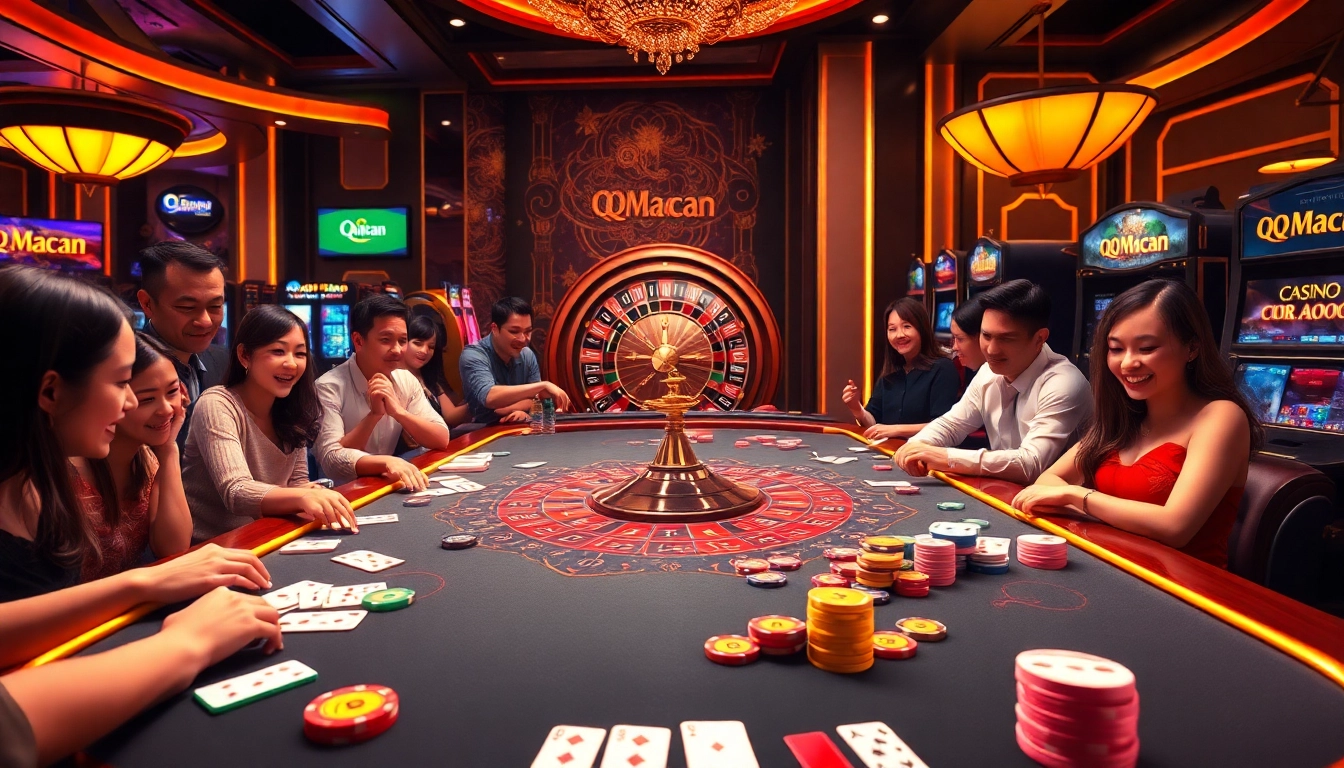 Experience thrilling gambling at QQMacan with exciting gaming tables, chips, and vibrant atmosphere.