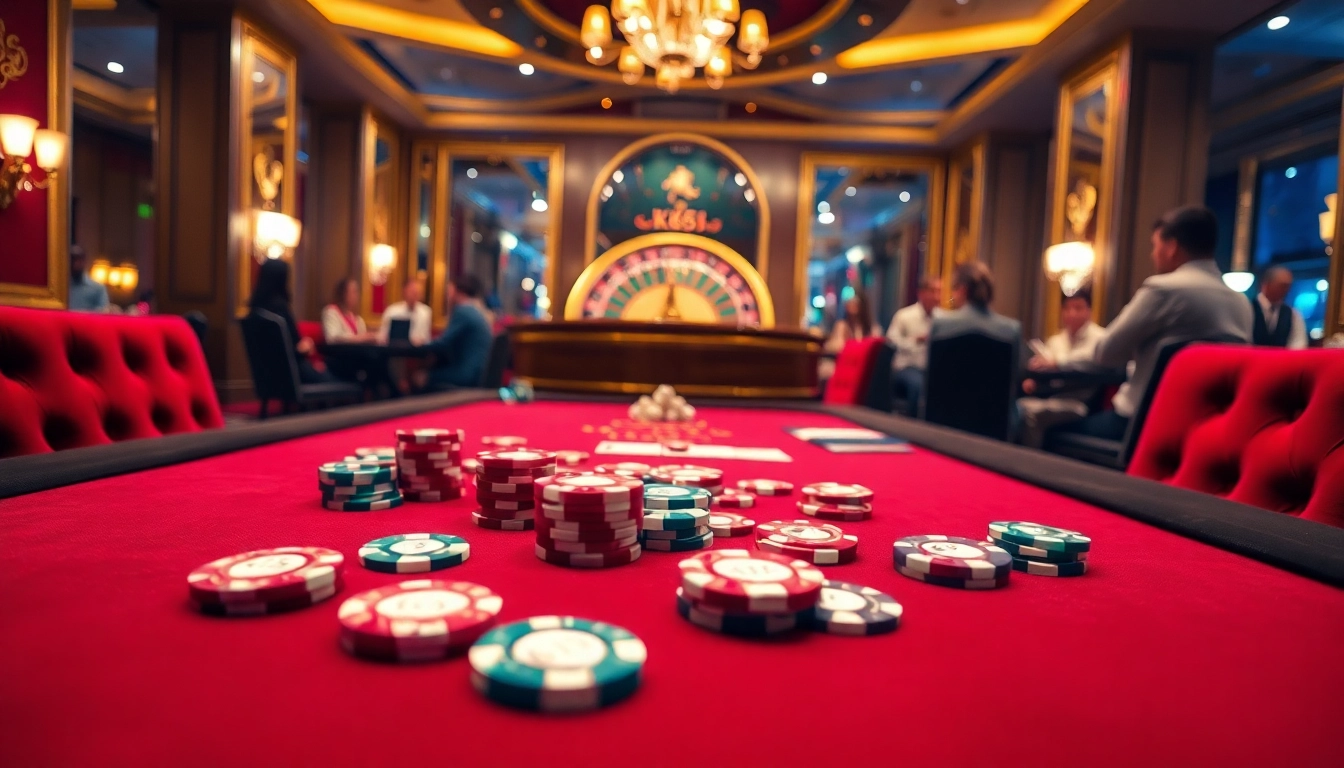 Engaging KK55 poker action at a luxurious casino table with vibrant chips and exciting gameplay.