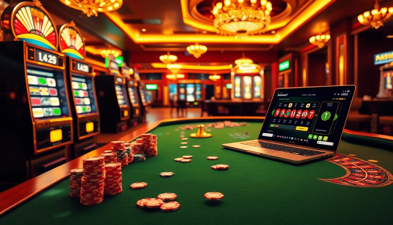 Experience the thrill of kerajaanslot gameplay in a luxurious casino setting with vibrant slot machines.