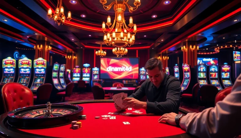 Engaging scene of players enjoying dinamit4d at a luxurious casino poker table filled with action.