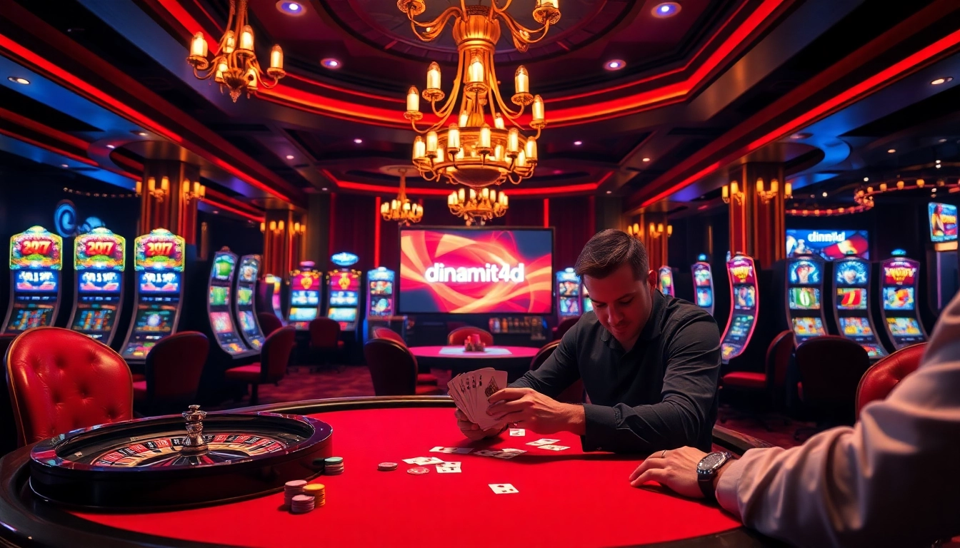 Engaging scene of players enjoying dinamit4d at a luxurious casino poker table filled with action.