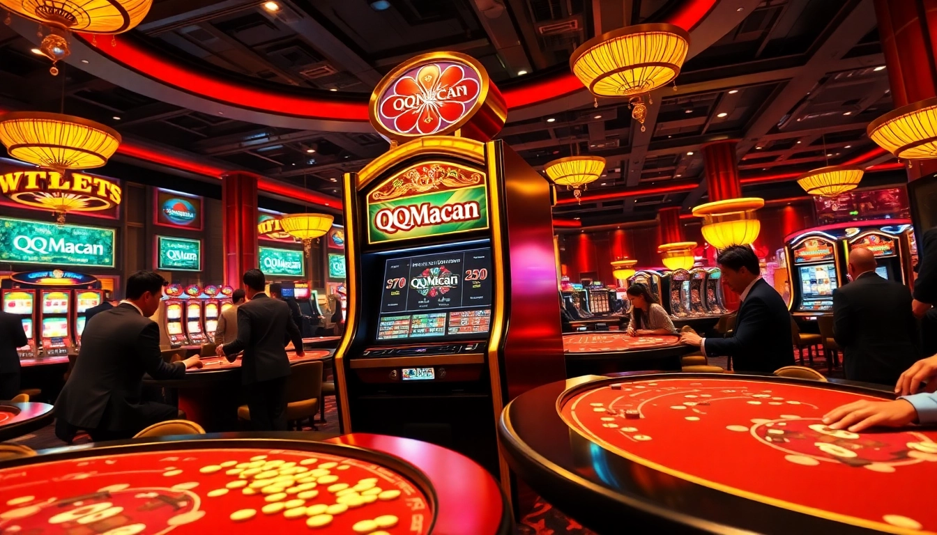 Excited players enjoying the QQMacan slot machine in a luxurious casino environment, under vibrant lights.