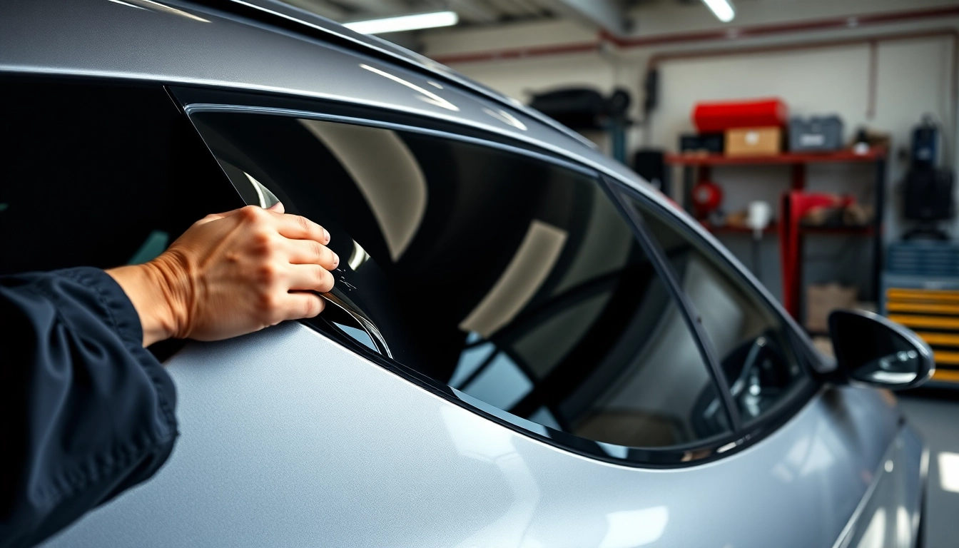 Apply auto window tint near me with precision at a sleek vehicle installation.