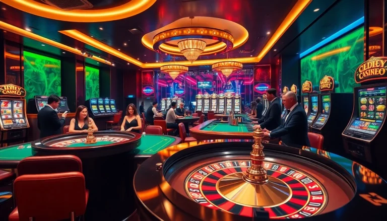 Players enjoying a thrilling gaming experience with luxury138 at a modern casino table featuring roulette and slot machines.