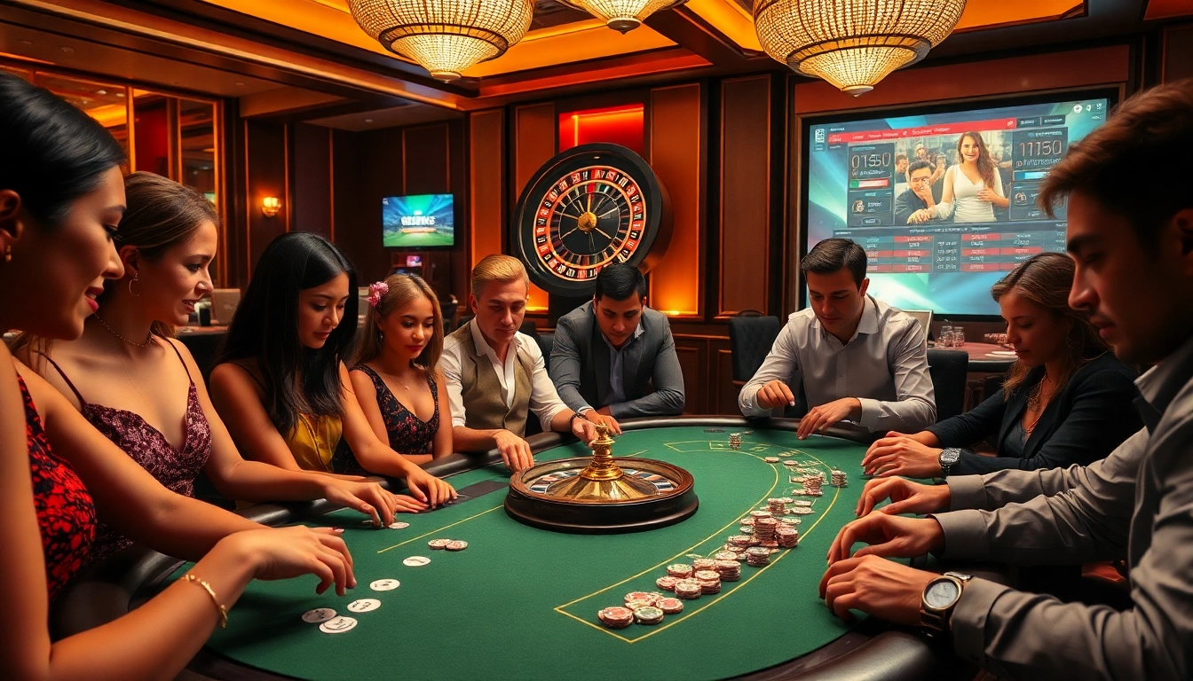 Engaged players at a poker table in a vibrant casino atmosphere, inspired by https://x88ni.com/ strategies.