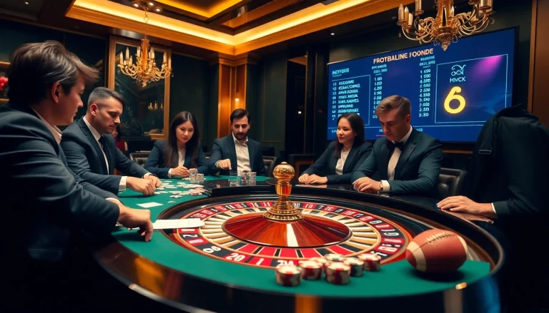 Engage in เทคนิคแทงบอล strategies at a luxury casino, featuring an exciting roulette table and eager participants.
