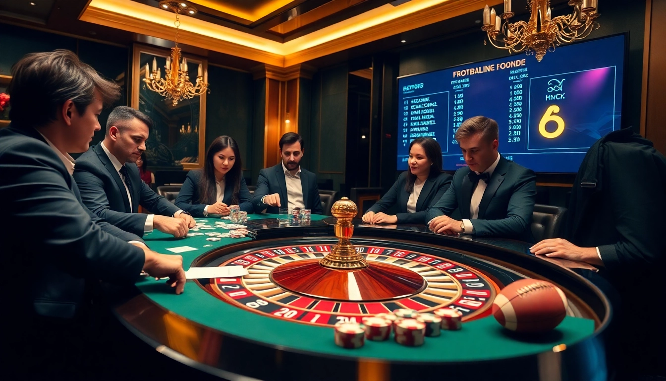 Engage in เทคนิคแทงบอล strategies at a luxury casino, featuring an exciting roulette table and eager participants.