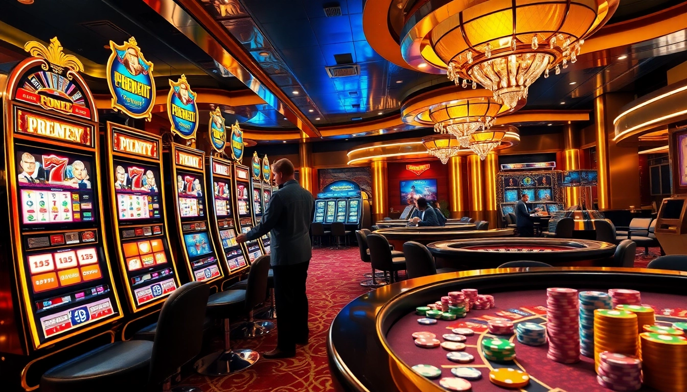 Situs slot gacor action featuring vibrant slot machines, roulette wheels, and poker chips in a luxurious casino.