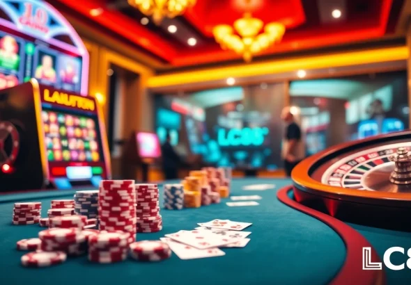 LC88 casino scene featuring a high-stakes poker table and vibrant slot machines within a luxurious online gambling atmosphere.