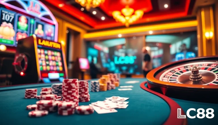 LC88 casino scene featuring a high-stakes poker table and vibrant slot machines within a luxurious online gambling atmosphere.