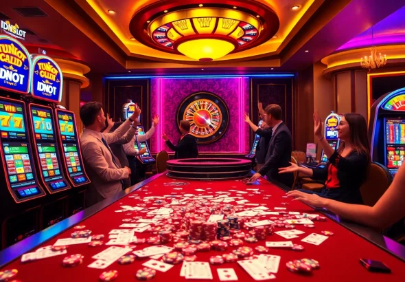 Experience the excitement of idnslot with vibrant slot machines and celebrating players in a luxurious casino.