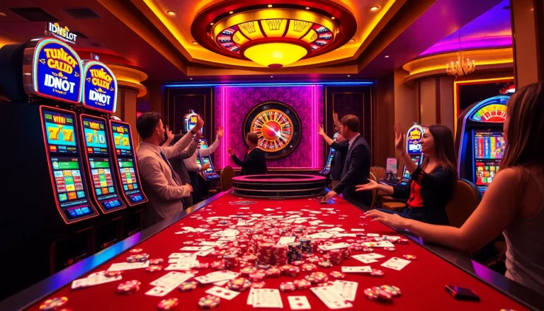 Experience the excitement of idnslot with vibrant slot machines and celebrating players in a luxurious casino.