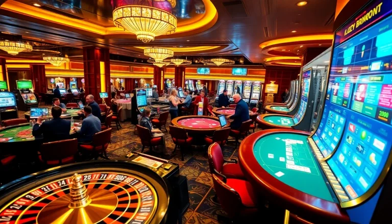 A vibrant casino scene featuring gambling enthusiasts at various tables, highlighting https://68vip.uk/ with lively lights.
