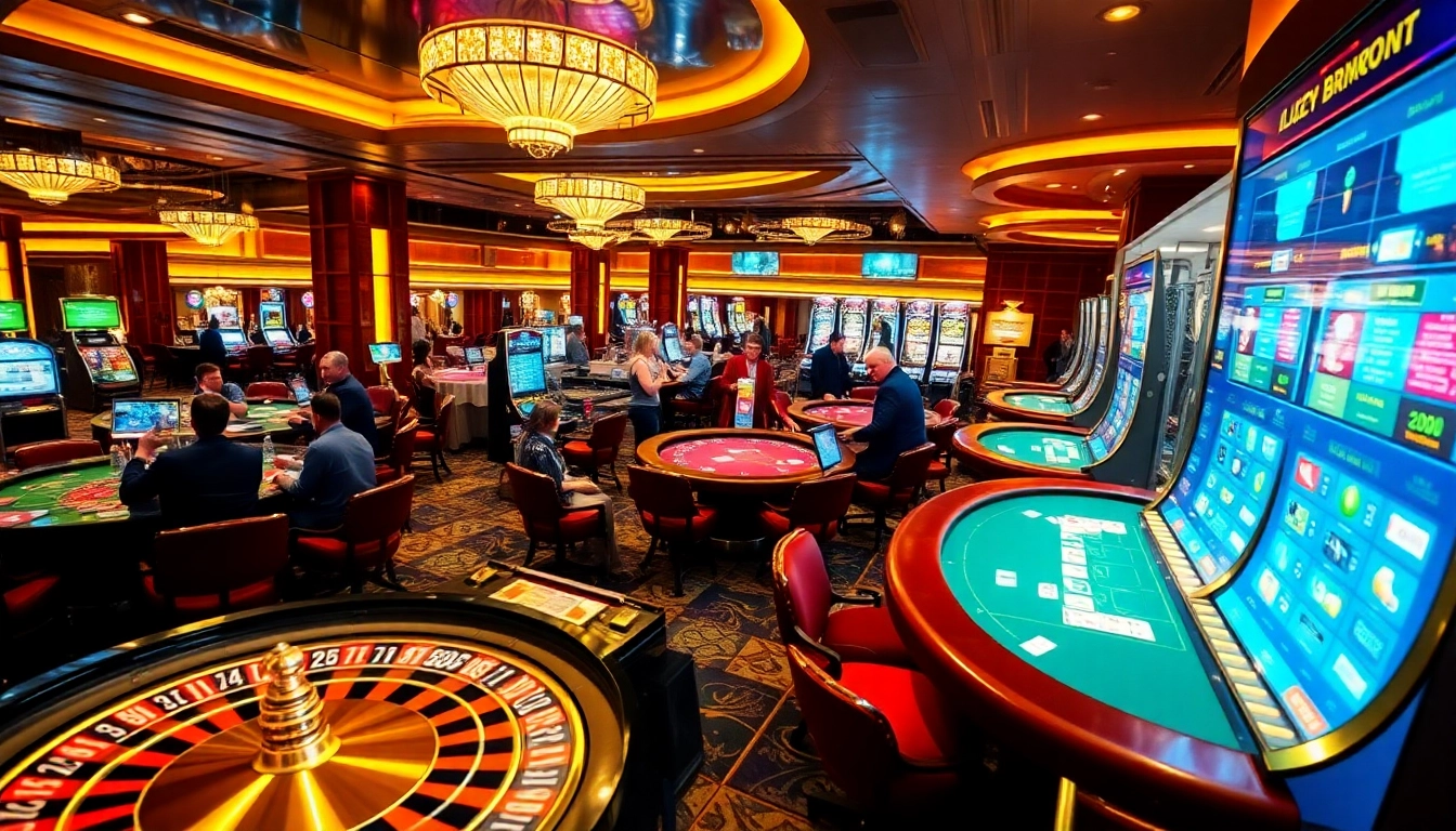 A vibrant casino scene featuring gambling enthusiasts at various tables, highlighting https://68vip.uk/ with lively lights.