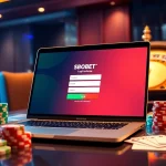 Engaging sbobet login indonesia scene with casino chips and cards on a sleek laptop.