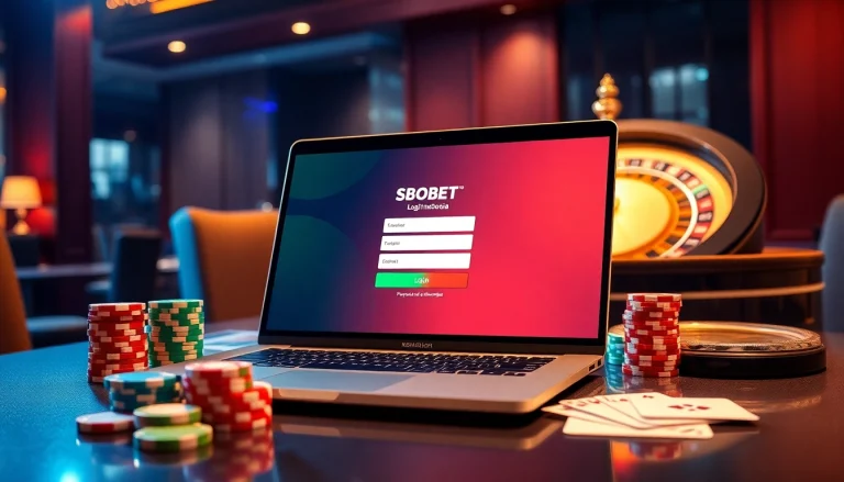 Engaging sbobet login indonesia scene with casino chips and cards on a sleek laptop.