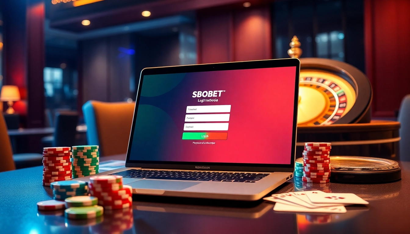 Engaging sbobet login indonesia scene with casino chips and cards on a sleek laptop.