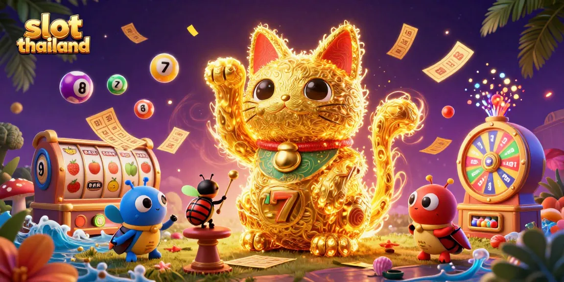 Experience the excitement of slot thailand with a vibrant illustration showcasing a lucky cat made of fireflies amid colorful casino symbols.