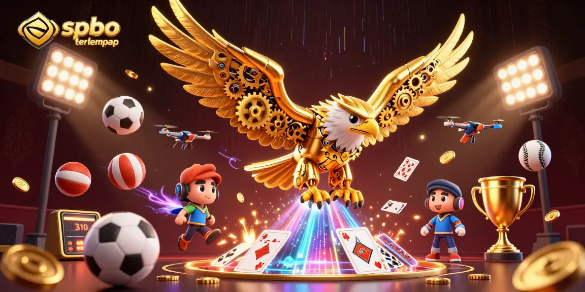 Immerse in spbo terlengkap as the cybernetic eagle soars through holographic cards amid dynamic sports elements.