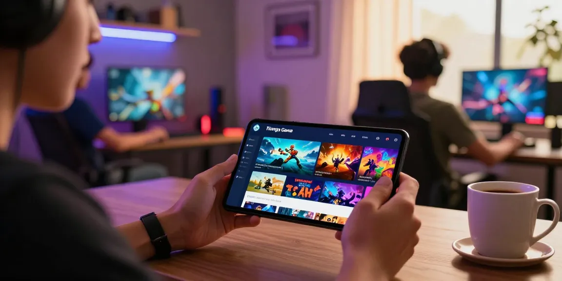 Tiranga Game Login scene with a user on a mobile device, showcasing vibrant gaming interface and colorful game thumbnails.